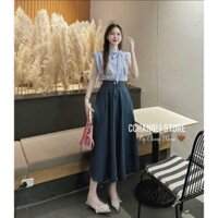 Set váy công sở thanh lịch, set áo sơ mi cánh dơi sọc xanh thắt nơ phối váy jean dáng dài xòe - SHOP NGÔ FASHION