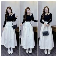 Sét váy công sở thanh lịch sang trọng sét áo tay dài lệch vai kết hợp khoét phối chân váy kaki dáng dài kèm nịt doxinh88