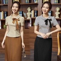 Set váy công sở xếp ly áo cổ đức cài nơ thiết kế tôn dáng váy xếp ly sang xịn mịn set áo công sở Eva Fashion