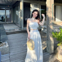 Set váy cotton lạnh áo dây có vòng cổ hoa mix chân váy dài maxi