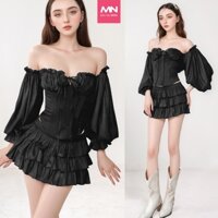 Set váy cúp ngực MINA màu đen mini chất liệu Cotton phối Voan Tơ - MN298