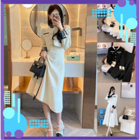 Set váy dạ dáng dài Áo khoác cổ tàu đính cúc đồng kèm chân váy xếp ly dáng xòe hàng QC ạ DN-A221