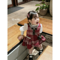 Set Váy Dạ Yếm Đỏ Áo Sơ Mi Cổ Bèo Cho Bé Gái 6-30Kg, Set Váy Yếm Đỏ Tết Dài Tay Xinh Xắn Cho Bé Gái HANNAH KIDS