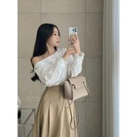 Set Váy Dài Áo Lụa Lệch Vai Dài Tay Mix Chân Váy Cotton Lạnh QC Maxi Xinh Xắn Thanh Lịch