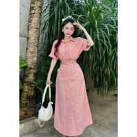 Set váy dài chữ A phối áo sơ mi kaki ngắn tay có tặng kèm nịt 4 màu y hình