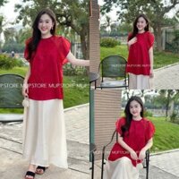 Set váy dài đỏ trắng vải tơ xốp áo cổ tròn tay cánh dơi chân váy dáng dài xoè xinh xắn mặc trắng da
