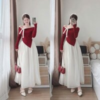 Set váy dài nữ mùa đông áo tăm gân trễ vai nơ tay dài xẻ tà phối chân váy xòe voan tơ 2 lớp cực sang chảnh