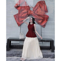 Set váy dài xòe chất voan tơ áo nhung mềm mịn sát tay viền cổ đính ngọc thiết kế kiểu ôm eo mặc lên tôn dáng