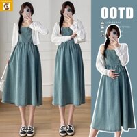 Set váy đầm bầu 2 mảnh kèm áo khoác cardigan denim trẻ trung năng động cho mẹ bầu xuân hè mới