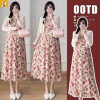 Set váy đầm bầu 2 mảnh kèm áo khoác cardigan họa tiết hoa lá nhẹ nhàng, xinh xắn cho mẹ bầu xuân hè mới.