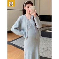 Set váy đầm bầu len kèm áo khoác cổ v phối ren trẻ trung cao cấp phong cách hàn quốc,sang trọng cho mẹ bầu thu đông 2024