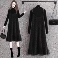 Sét Váy Đầm Bigsize Áo Len Cổ Lọ Phối 2 Dây Lấp Lánh Xoè Đuôi Cá Tiểu thư Nữ Tính 🌸Hàng Quảng Châu