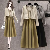 Sét Váy Đầm Bigsize🌸(Sẵn M,L)Váy 2 Dây Kẻ Ngang Dáng Xoè Phối Khoác Kẻ Nữ Tính Trẻ Trung🌸Hàng Quảng Châu