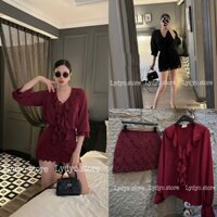 Set váy đầm chân váy ren phối áo lụa cổ chữ V bèo, chân váy ngắn ôm body sang chảnh dự tiệc, set váy đầm đỏ tiệc cưới