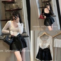 Set váy đầm da, chân váy da xếp ly thắt nơ eo phối áo voan ren lưới,áo lưới ren 3D ôm body thiết kế cao cấp dự tiệc cưới