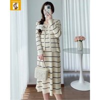 Set váy đầm kèm áo khoác bầu suông kẻ kiểu dáng bassic, sang trọng nhẹ nhàng cho mẹ bầu thu đông 2024