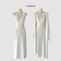 Set váy đầm len hai dây ôm body đính hoa dáng dài + áo khoác len cardigan lông thỏ tiểu thư sang chảnh quyến rũ Yannie