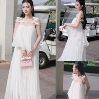 Set Váy Đầm MAXI 2 dây Chất Liệu Voan Tơ Trắng với họa tiết Hoa đính tay thủ công Dolldiva Dress