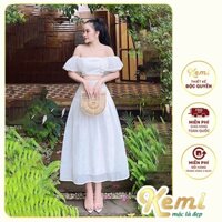 set váy đầm trễ vai tay bồng váy xòe tầng dáng A màu hồng cánh sen Kemi hiện đại cá tính