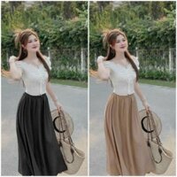 Set váy dáng dài thời trang nữ chất liệu vải đũi vân mấy phối áo ren hoa rút dây phía trước,