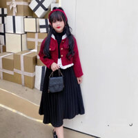 Set váy dập ly áo khoác dạ viền bèo bé gái