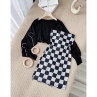 Set váy dây caro áo khoác cadigan