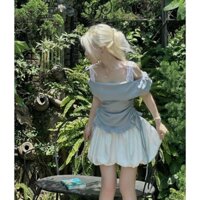 Sét Váy Dễ Thương Màu Xanh Ngọc Gồm Áo Trễ Vai + Chân Váy Bí Phồng