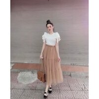 Set váy đẹp.Áo kiểu tay xoè phối chân váy nâu maxi xoè dáng dài.