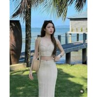 Sét váy đi biển sang chảnh chất len ren áo đan dây lưng sau kèm chân váy dài maxxi