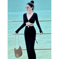 Set váy đi biển thời trang nữ chất len ren 2 lớp áo tay dài xoắn ngực có mút chân váy ôm dài maxi tôn dáng.