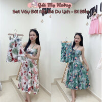Set váy đôi đi biển, du lịch mẹ và bé họa tiết hoa lá xinh xắn dễ thương - Shop gái mẹ Hường