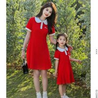 Set váy đôi Polo cổ sen màu đỏ cho mẹ và bé gái năng động