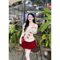 sét váy gốm áo Len ren tay dài phối nơ kèm chân váy phồng vài tuyết mưa shop kieugiang