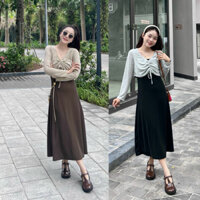 Set váy hai dây chiết eo dáng dài kèm áo croptop rút dây ngực cộc tay 24614 Lumii