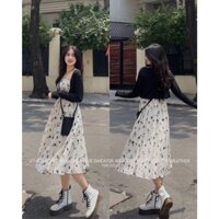 Set váy hai dây hoa nhí dáng dài kèm áo khoác cardigan /Đầm maxi dáng suông phong cách tiểu thư [ORDER]