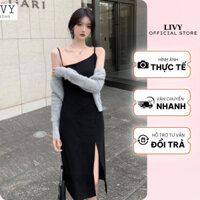 Set Váy Hai Dây Vạt Lệch Xẻ Đùi Phối Áo Cardigan Dài Tay Freesize