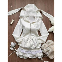 Set váy hai mảnh Mùa thu ngọt ngào dễ thương nữ tính in hình mũ trùm đầu ren tai thỏ áo buộc dây bánh dành cho nữ