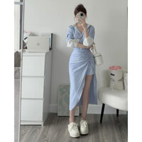 Set váy haza sọc xanh (Quần váy + áo sơ Mi )