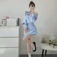 Set Váy Hè Gồm Áo Sơ Mi Cổ V Đính Hoa Chéo Tà Buộc Nơ Eo