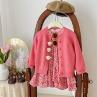 Set váy hoa áo len hồng cho bé gái phối gấu