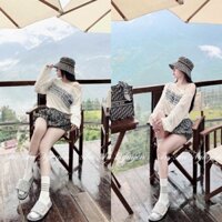 Set váy hot 2025 in hoạ tiết áo thun giấy lệch vai dài tay chân váy bố ngắn dày dặn cứng cáp chuẩn fom