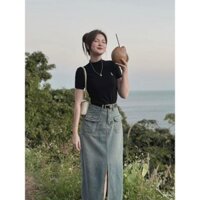 sét váy jean áo cổ lọ tay ngắn kèm chân váy chữ a dài xẻ tà lz tặng kèm nịt