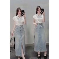 SÉT VÁY JEAN ÁO THUN TĂM CÔNG SỞ SIÊU XINH🌺 ÁO TAY NGẮN,CỔ TRÒN LÁ SEN GÀI NÚT KẾT HỢP CHÂN VÁY XẺ TÀ TRƯỚC (kèm nịt)🫰💥🫰