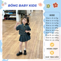 Set váy jean sành điệu, bộ váy bò áo sơ mi cộc tay phối chân váy xòe sang chảnh cho bé từ 8-35kg, set jean 03