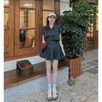 Set váy jean xếp ly có lót áo cánh dơi tui hợp phong cách dễ thương dạo phố