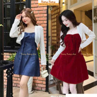 Sét Váy Jeans Kèm Áo Cardigan, Váy Nhung Kết Nơ Dáng Xèo Kèm Áo Khoác Croptop Ren Tay Dài, Set Váy 2 Dây Kèm Khoác
