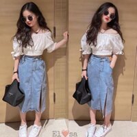 SET VÁY JEANS KÈM ÁO TRỄ VAI BÉ GÁI