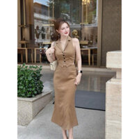 set váy kaki nữ, áo sát nách cổ vest gài nút+ chân váy dáng dài đuôi cá, set đi tiệc đi chơi cho nữ