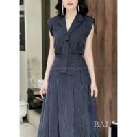 Set váy kaki thời trang thời thượng của nữ áo sát nách cổ sơ mi cà vạt phối chân váy dài xếp ly họa tiết sọc sang trọng