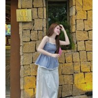 Set váy kate sọc caro hai dây nhúng ngực mix chân váy chất vải lụa dáng dài xoè kiểu tiểu thư siêu xinh